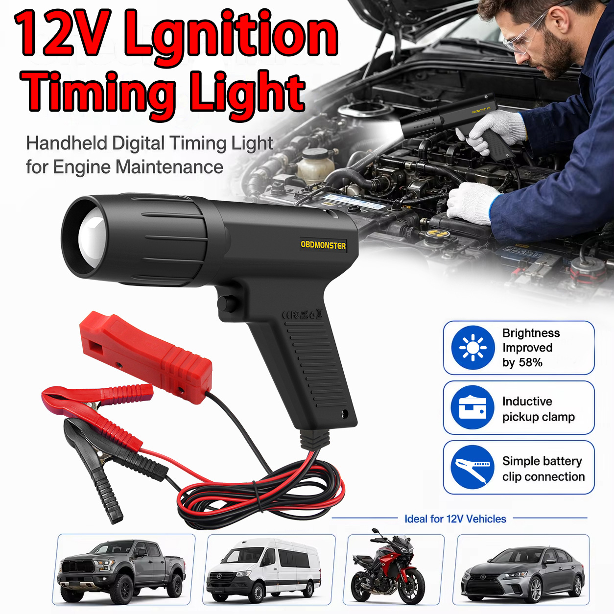 12V 誘導点火タイミングライト車オートバイガソリンエンジン - Timing Light Gun のレビューと価格